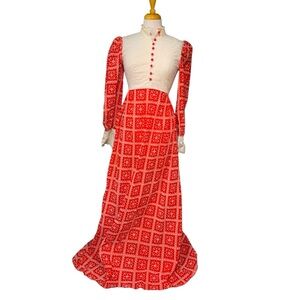 Vintage 70’s  Victorian high neck long sleeve red & white maxi dress size 6